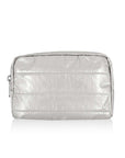 A metallic silver puffer clutch shown on a clean white background.