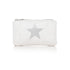 A shimmer white travel pouch with a silver star detail on the front and a zipper closure on white background