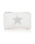 A shimmer white travel pouch with a silver star detail on the front and a zipper closure on white background