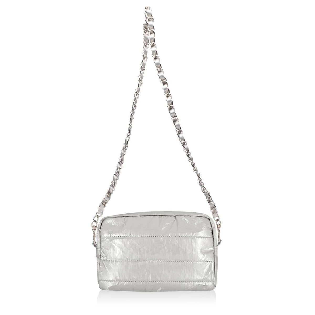 A silver metallic puffer shoulder bag with a matching silver chain strap, shown against a plain white 
background.