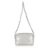 A silver metallic puffer shoulder bag with a matching silver chain strap, shown against a plain white 
background.