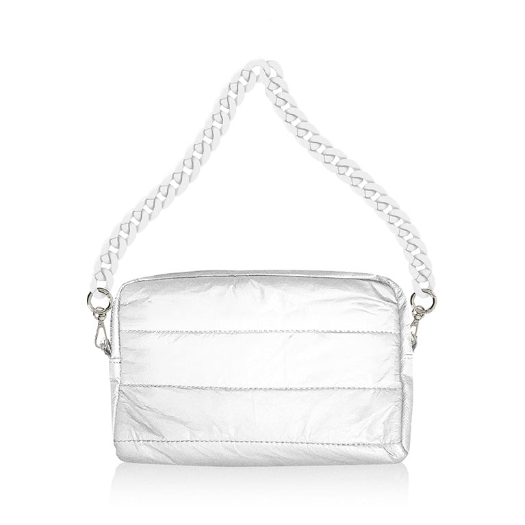 Mini Puffer Purse in Shimmer White with Enamel Strap