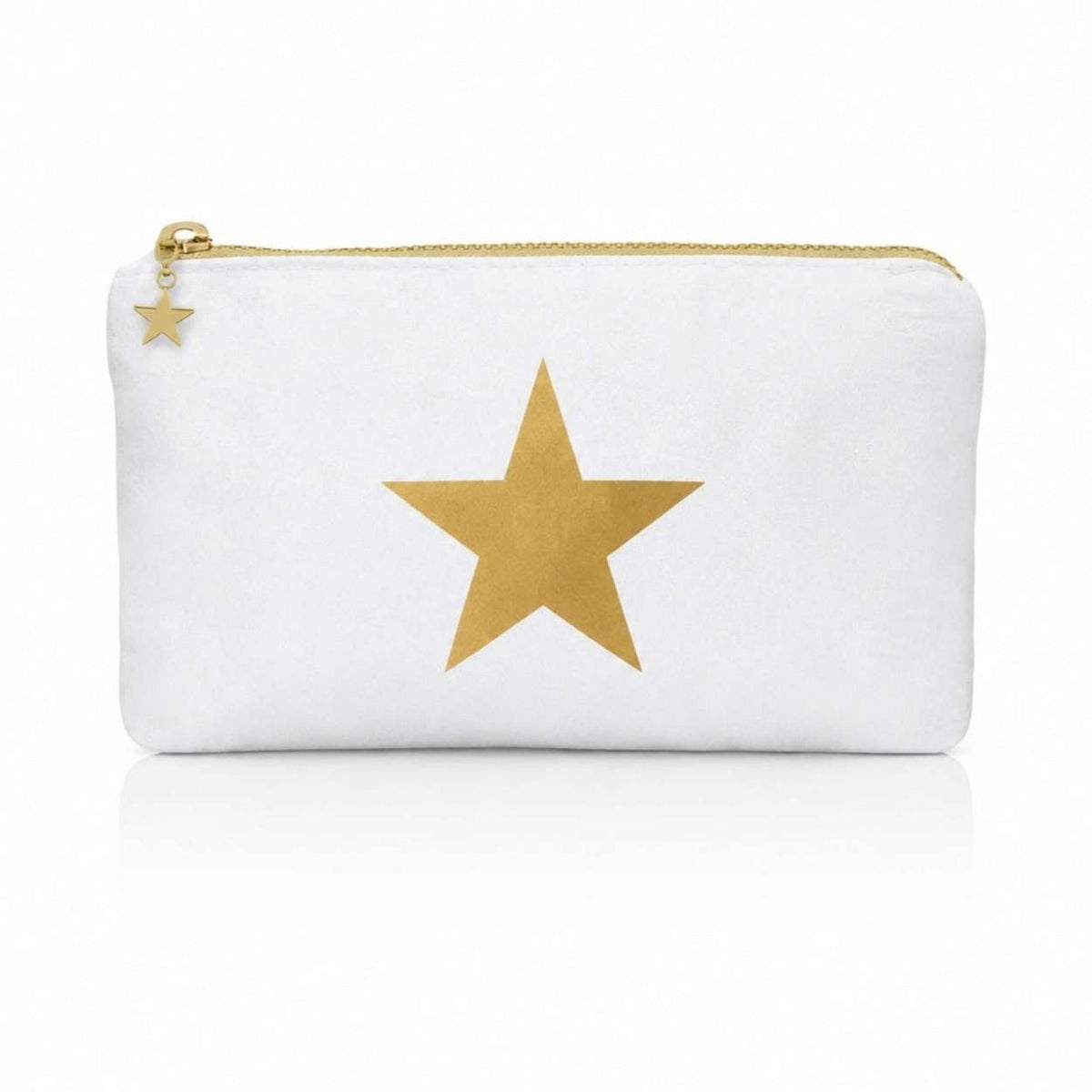 A white zippered pouch with a large metallic gold star on the front and a small gold star charm near the zipper, shown on a clean white background.