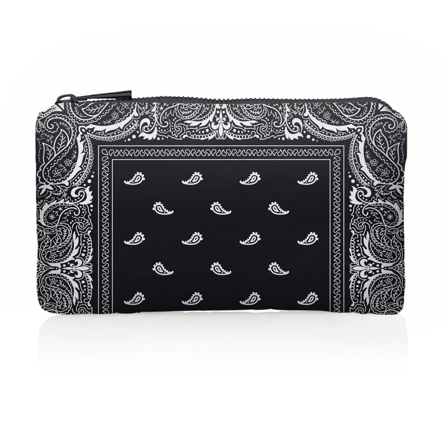 Small zipper pouch black bandana print on white.