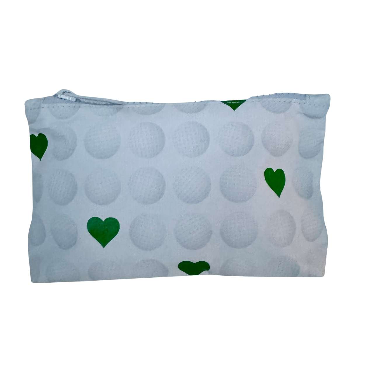 Pouch with green heart and golf ball designs on a light gray background