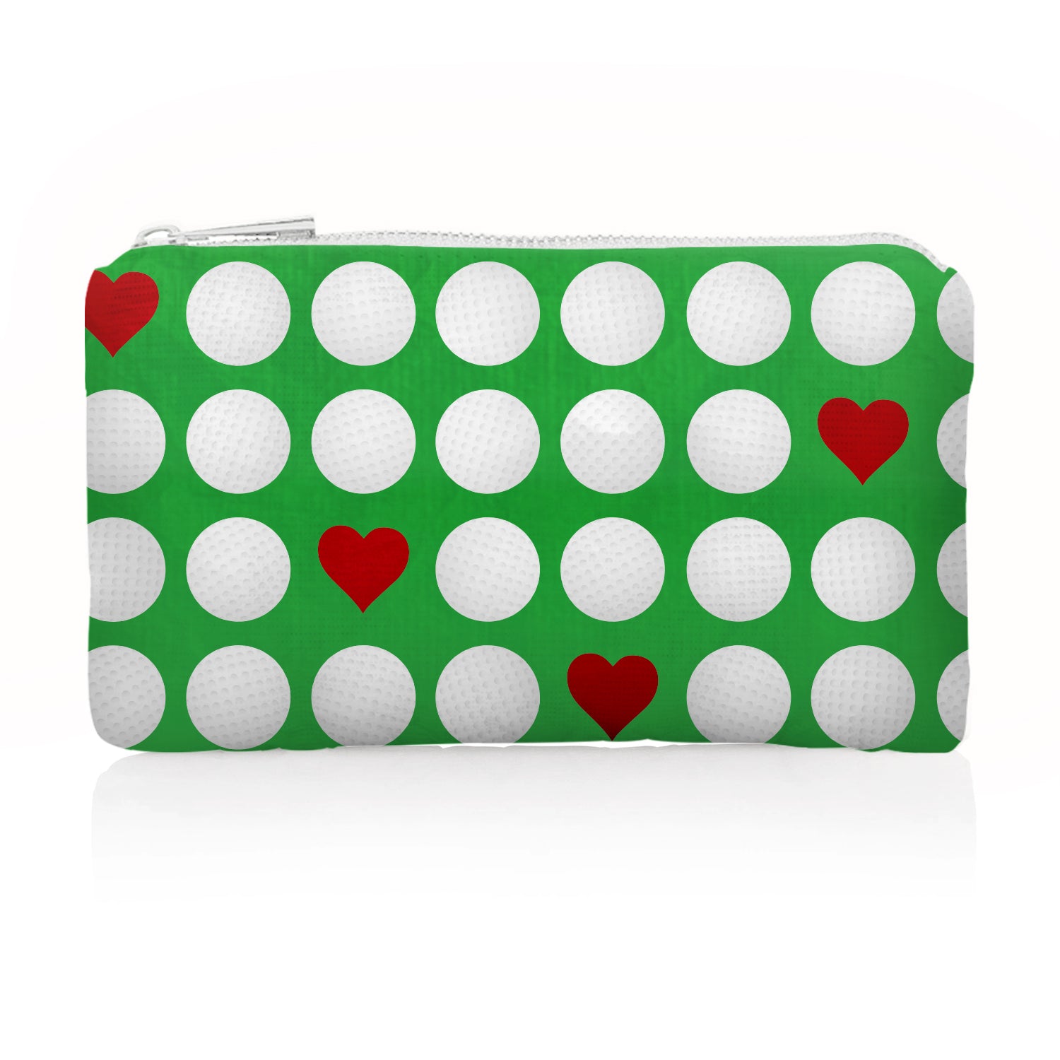 Green pouch with white golf balls and red hearts on a white background