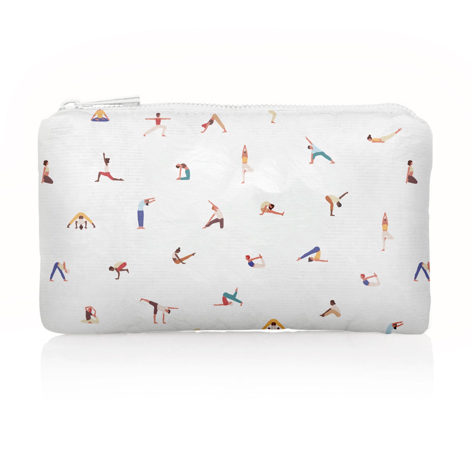Pouch with yoga pose illustrations on a white background