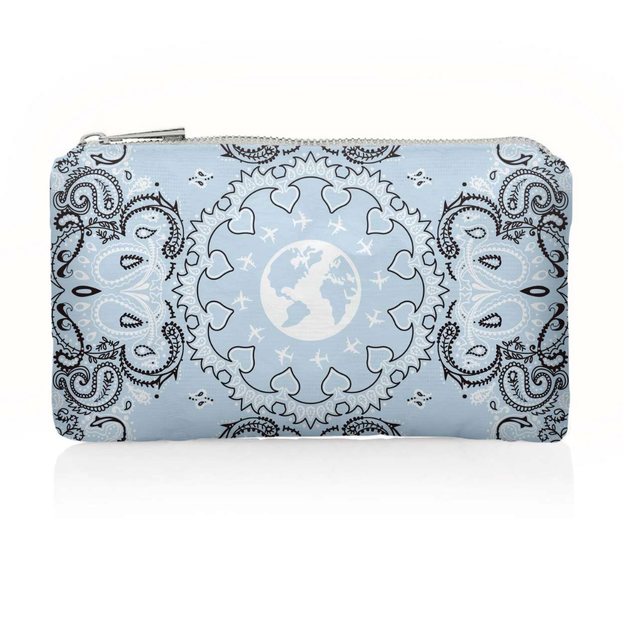 Light blue pouch with black bandana pattern on a white background