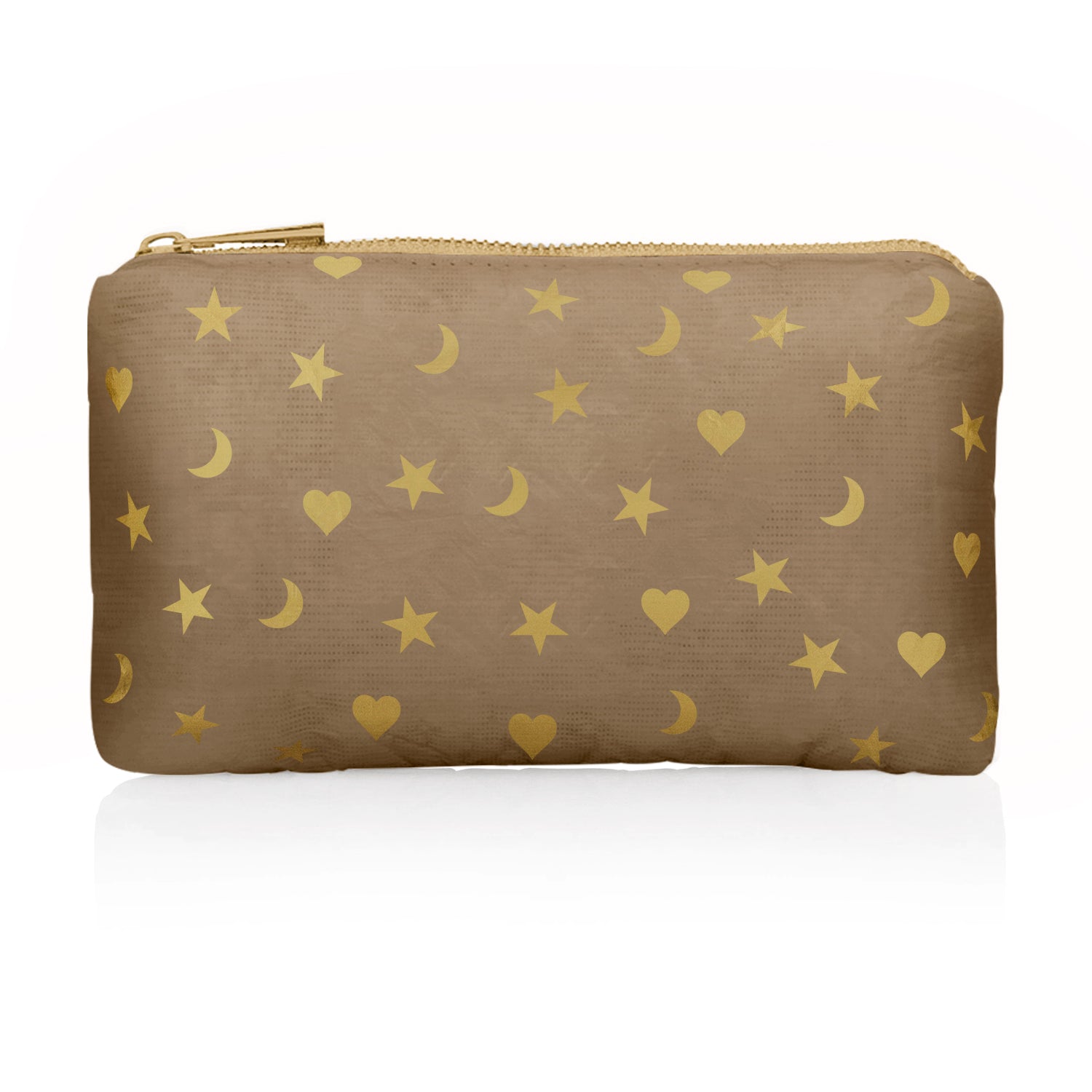 Mini shimmer bronze zipper pouch with metallic gold heart, moon, and star print on white background