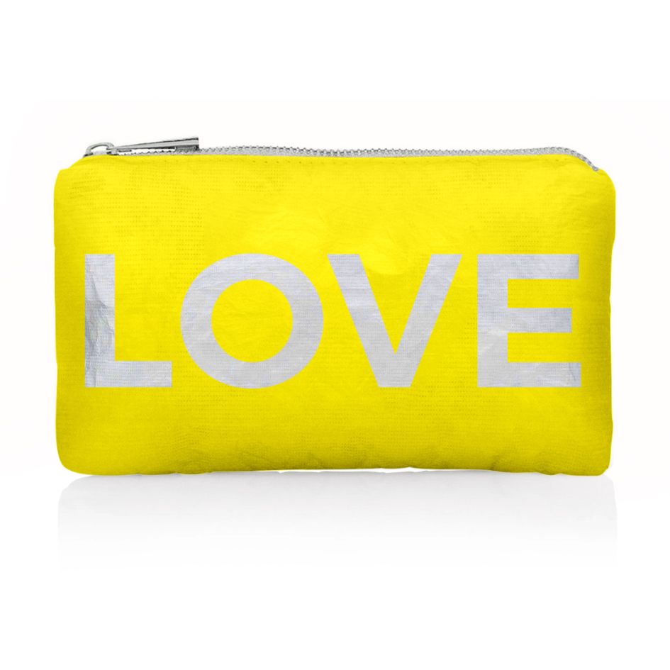 Small Zipper Pouch bright yellow with LOVE written on it