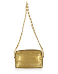 Gold handbag with chain strap on a white background