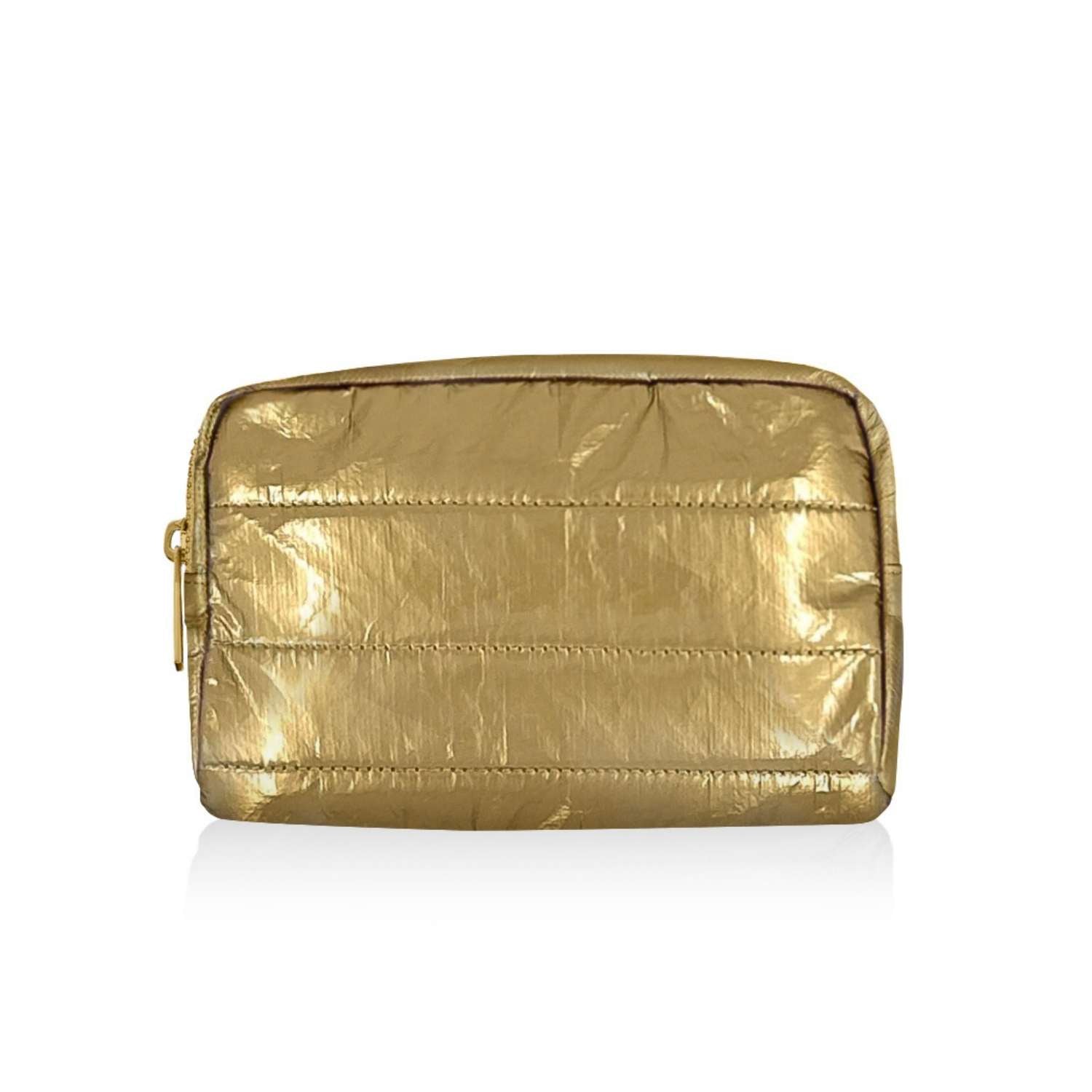 Gold metallic clutch on a white background