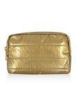 Gold metallic clutch on a white background