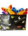 Black zipper pouch with colorful butterfly pattern on a white background