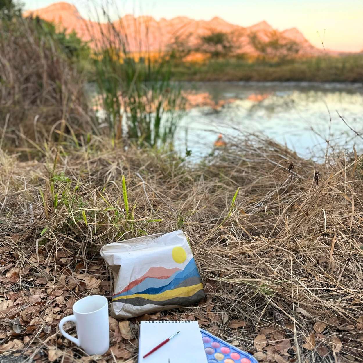Mountain Landscape Zipper Pouch in brush with mountain sunset in the background in Africa