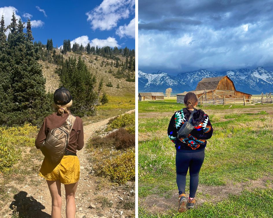 Women walking near the mountains carrying crossbody fanny pack and backpack