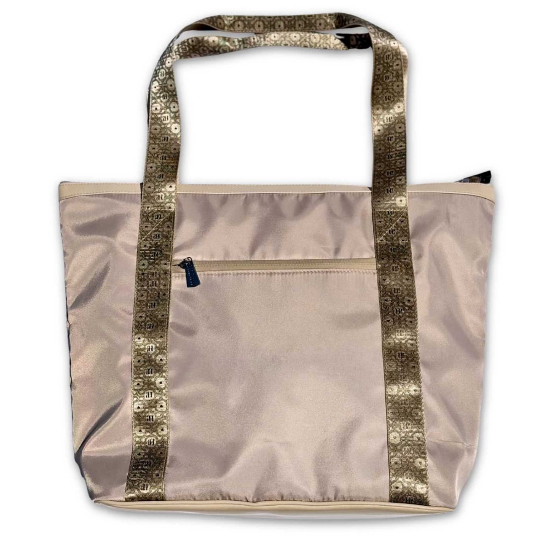 Beige Tote with a sophisticated embossed "Hi" print.