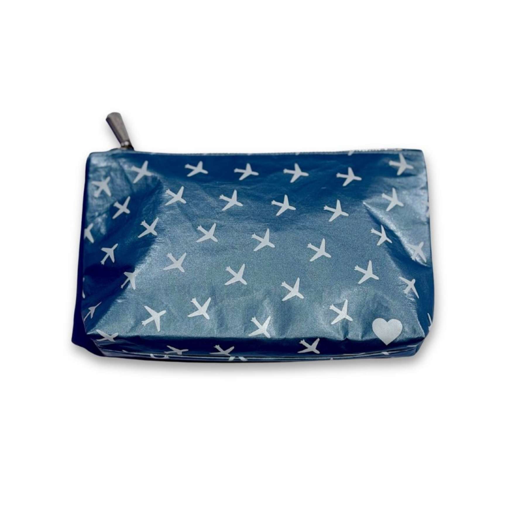Light blue shimmer cosmetic pouch with a white airplane print and a top zipper
