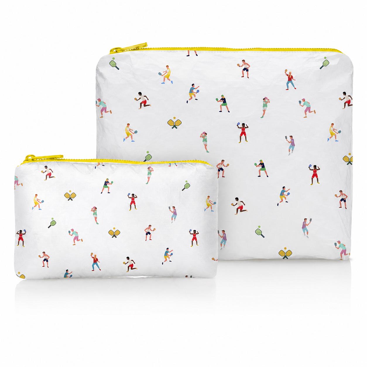 Two zipper pouches with pickleball players unisex on a white background