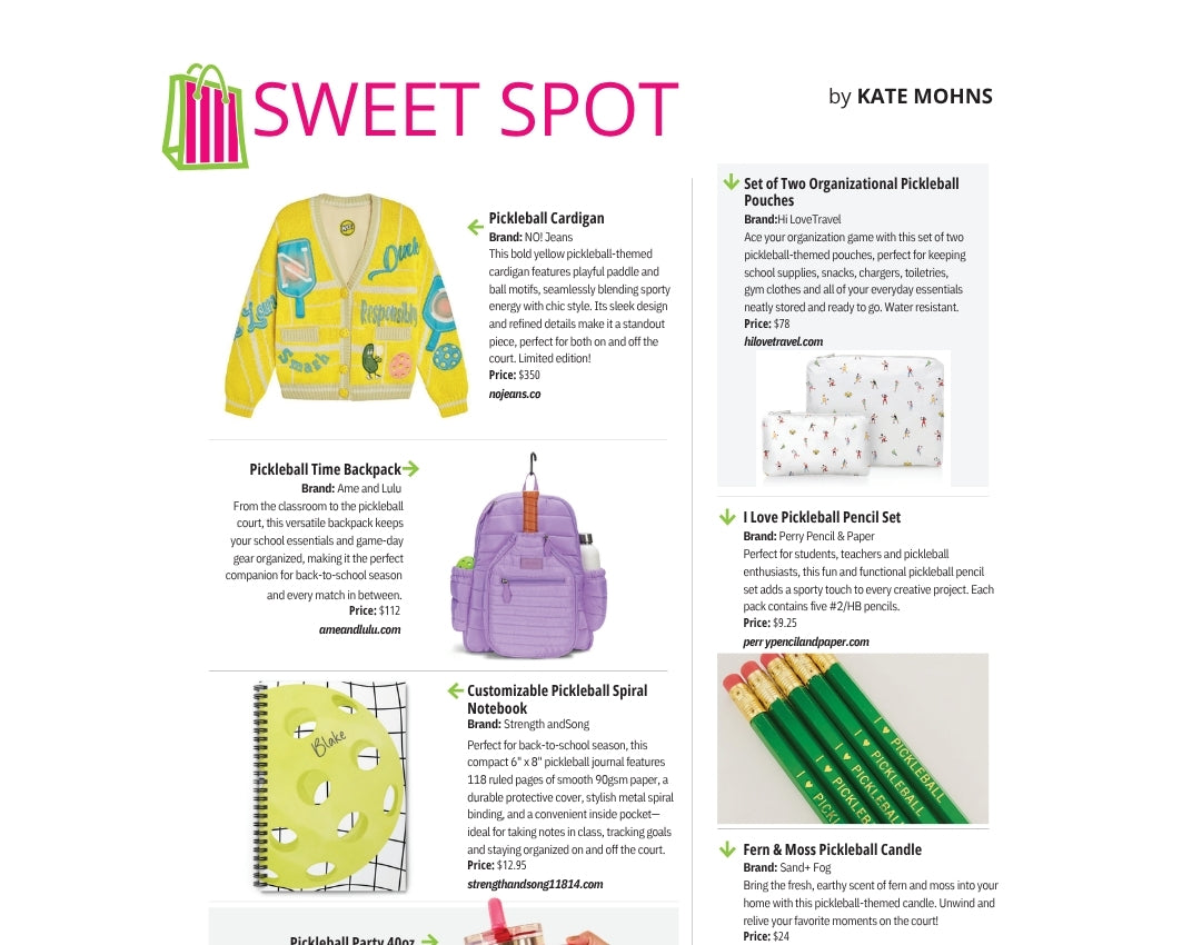 A promotional collage for a back-to-school pickleball bundle by Kate Mohns, titled 'SWEET SPOT,' showing multiple products including a yellow and green pickleball paddle, a purple pickleball bag, a green notebook, and other accessories with prices and links on a white background.