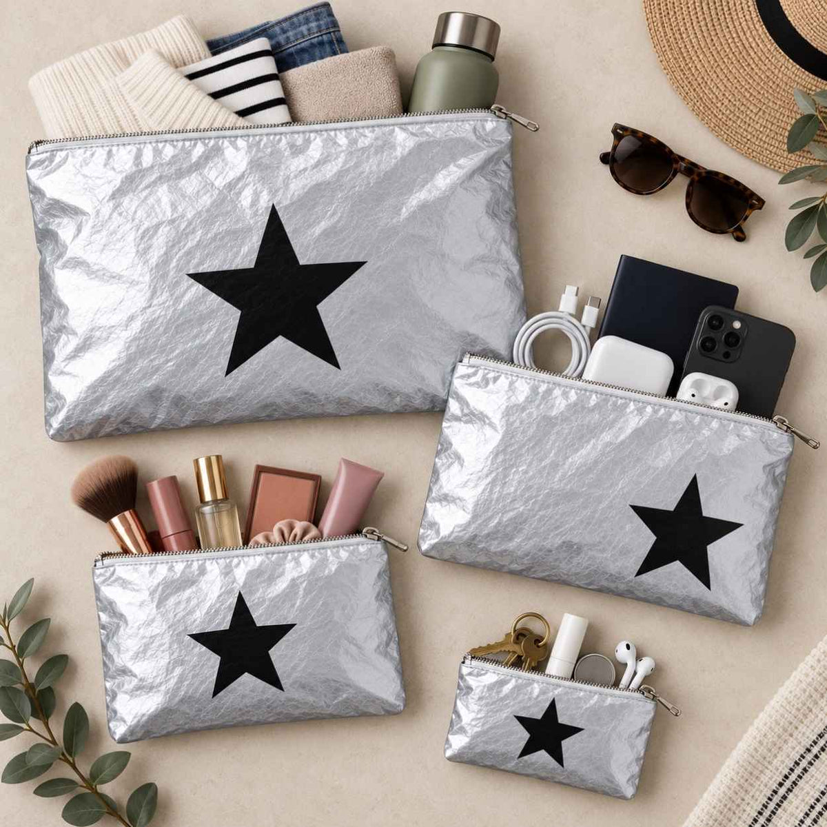 Set of four silver with black star travel pouches with various beauty items and travel essentials on beige background