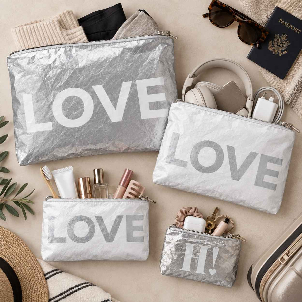 Set of four silver and white travel pouches with LOVE text on beige background displaying beauty and travel items