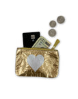Gold with silver heart emergency pouch with money and credit card inside