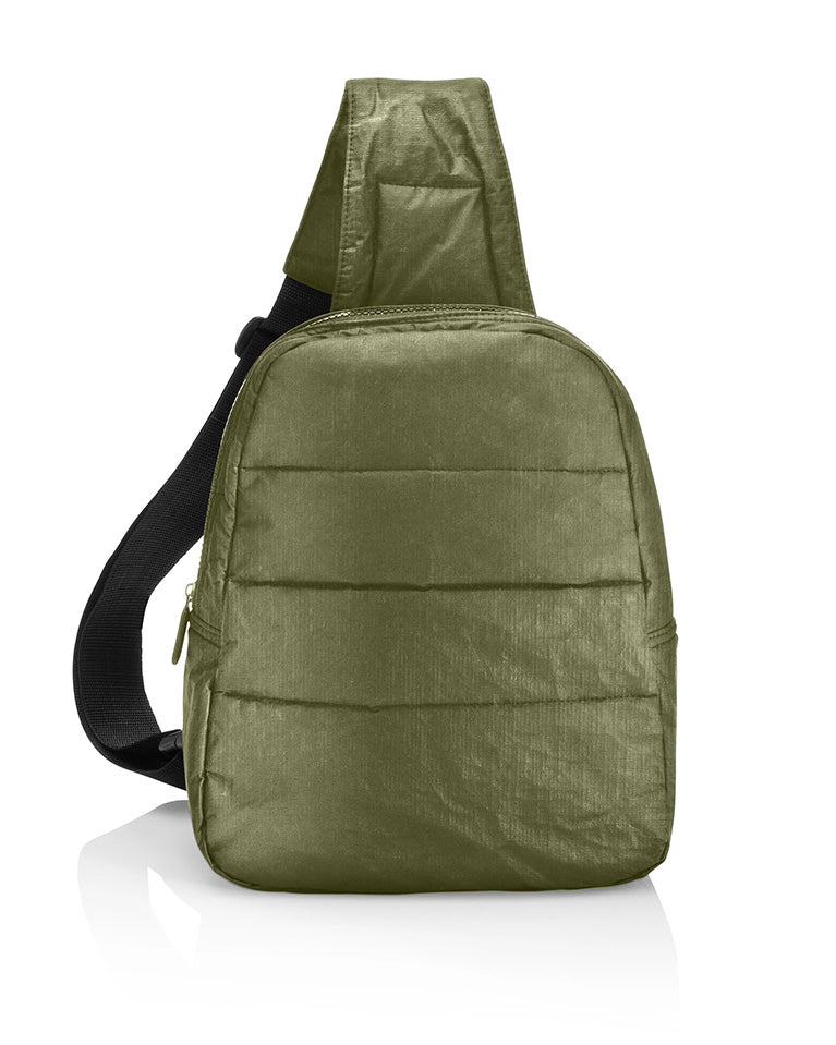 Puffer Crossbody Backack in Shimmer Army Green