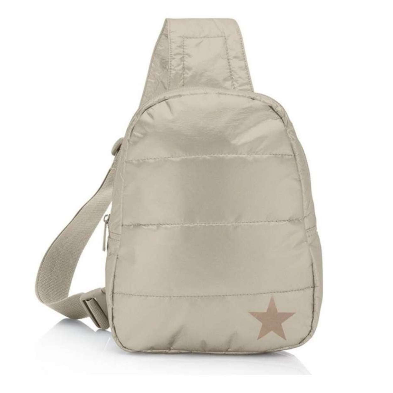 Puffer crossbody backpack in shimmer beige with star on white background