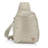 Puffer crossbody backpack in shimmer beige with star on white background