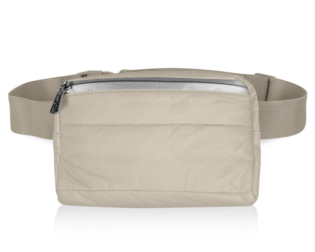 puffer crossbody fanny pack belt bag golden shimmer beige on white background
