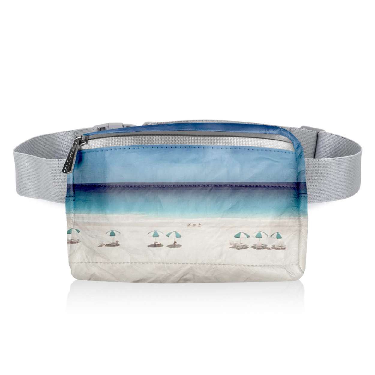 Puffer Crossbody Fanny Pack Belt Bag in Harbor Island Beach Scene Print on White Background