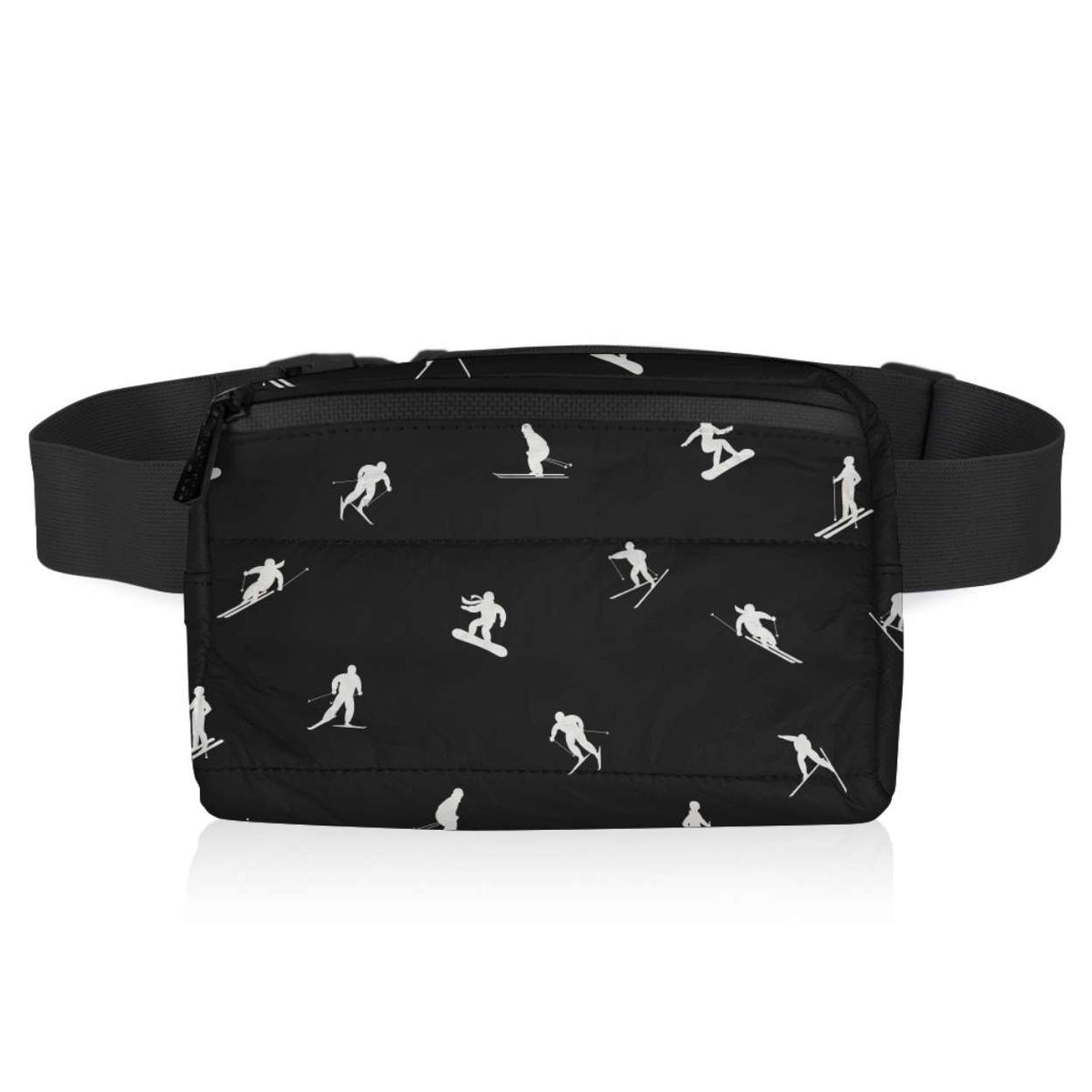 A black belt bag with a white ski and snowboarder pattern, featuring a zippered front pocket and an adjustable elastic strap, shown against a plain white background.