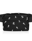 A black belt bag with a white ski and snowboarder pattern, featuring a zippered front pocket and an adjustable elastic strap, shown against a plain white background.