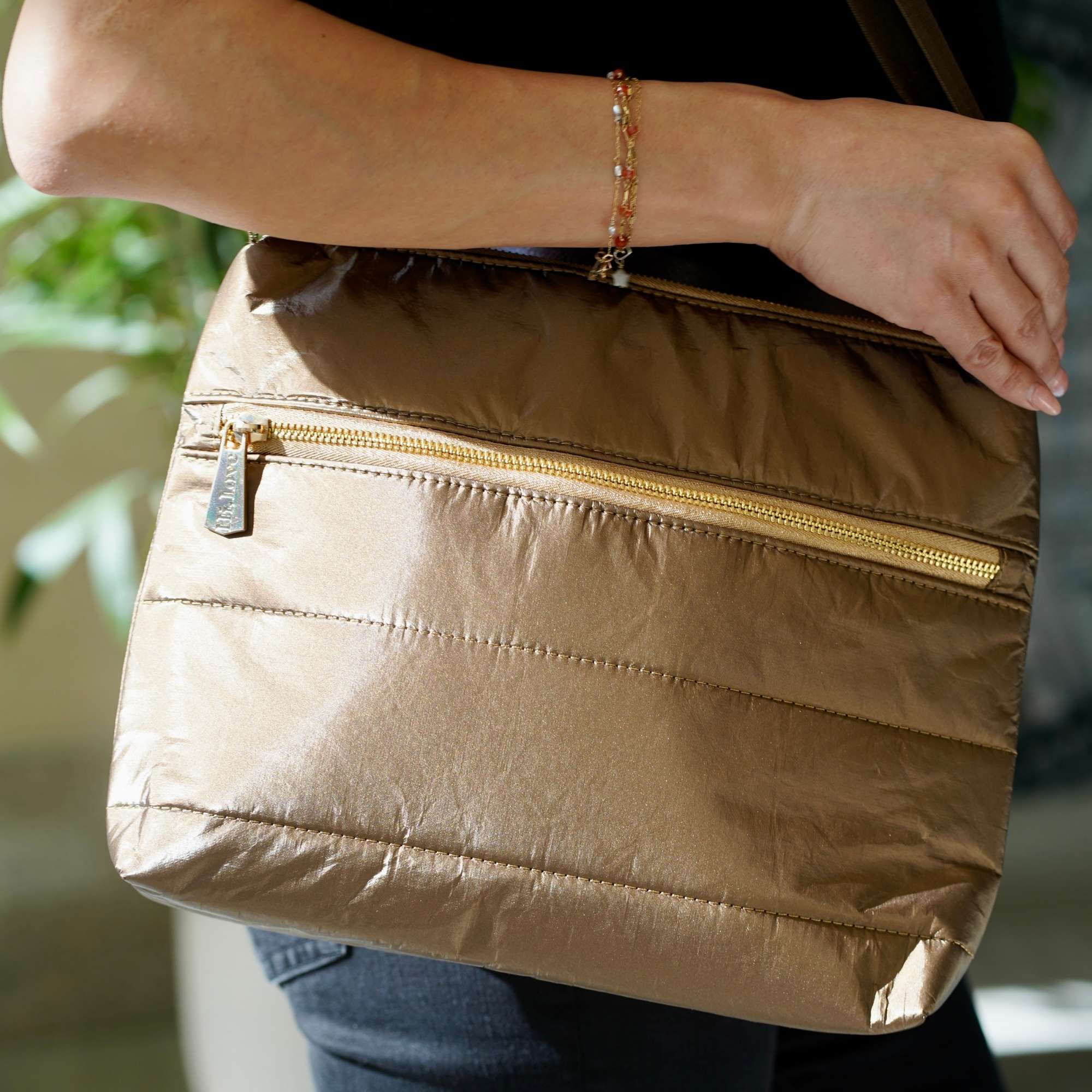Quilted Puffer Purse Shimmer Bronze Gold Zipper Matching Bronze Strap