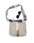 Crossbody purse in earth gray with silver and gold stripes