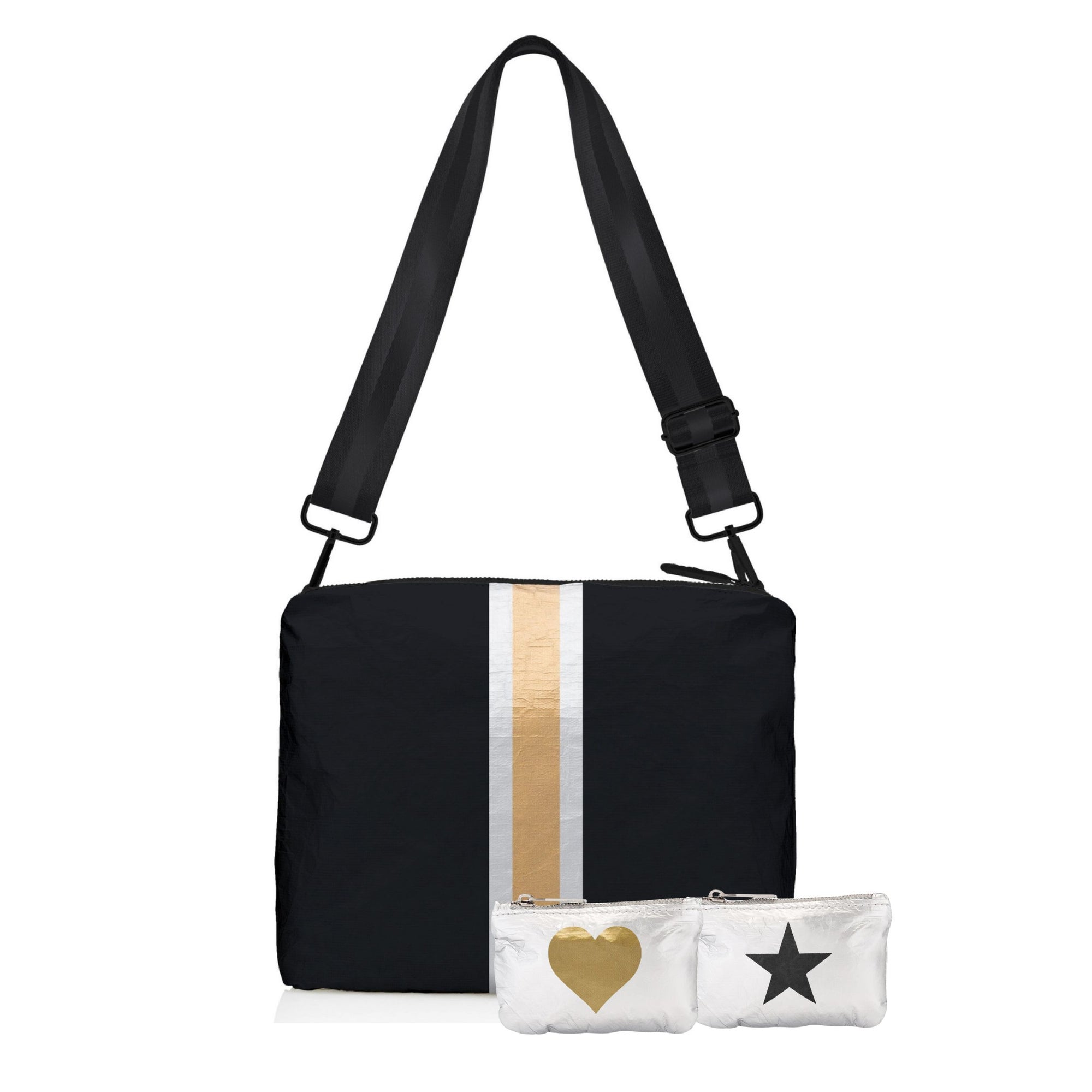 Purse set with crossbody purse in black with silver and gold stripes and emergency pouches in silver with gold heart and black star