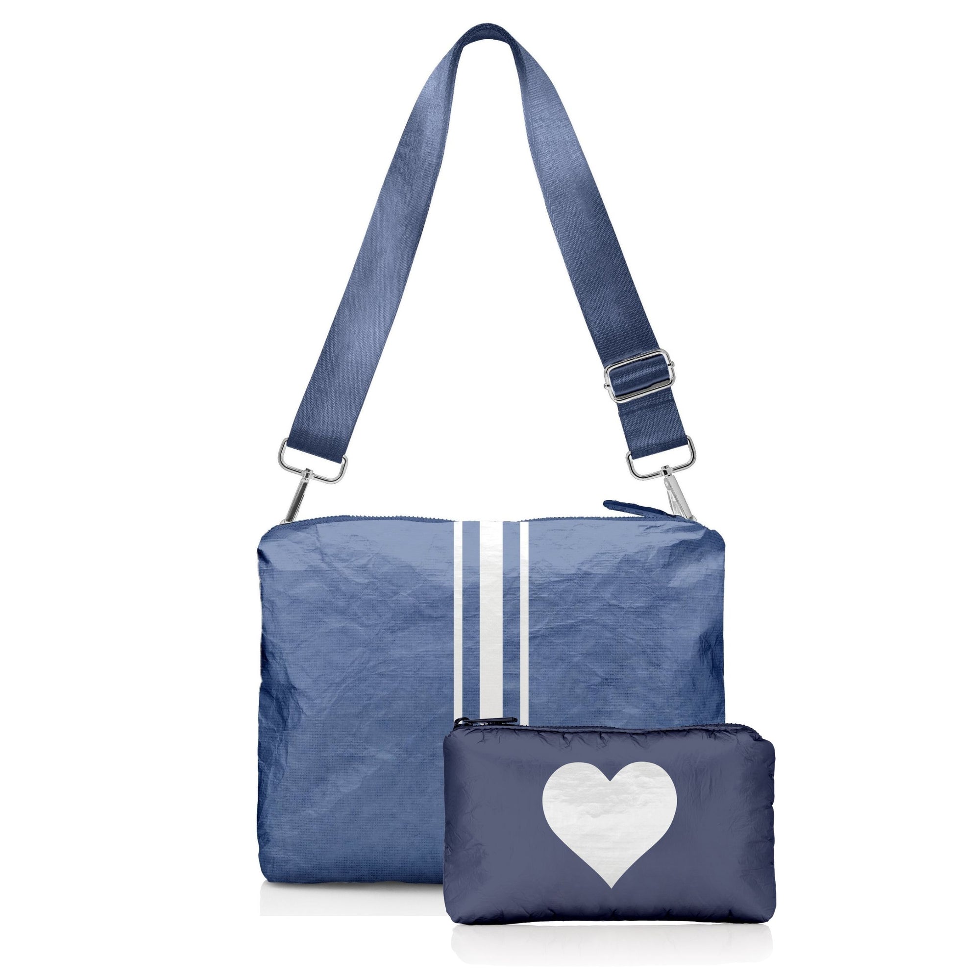Purse set in shimmer navy with crossbody purse with white stripes and mini pouch with silver heart