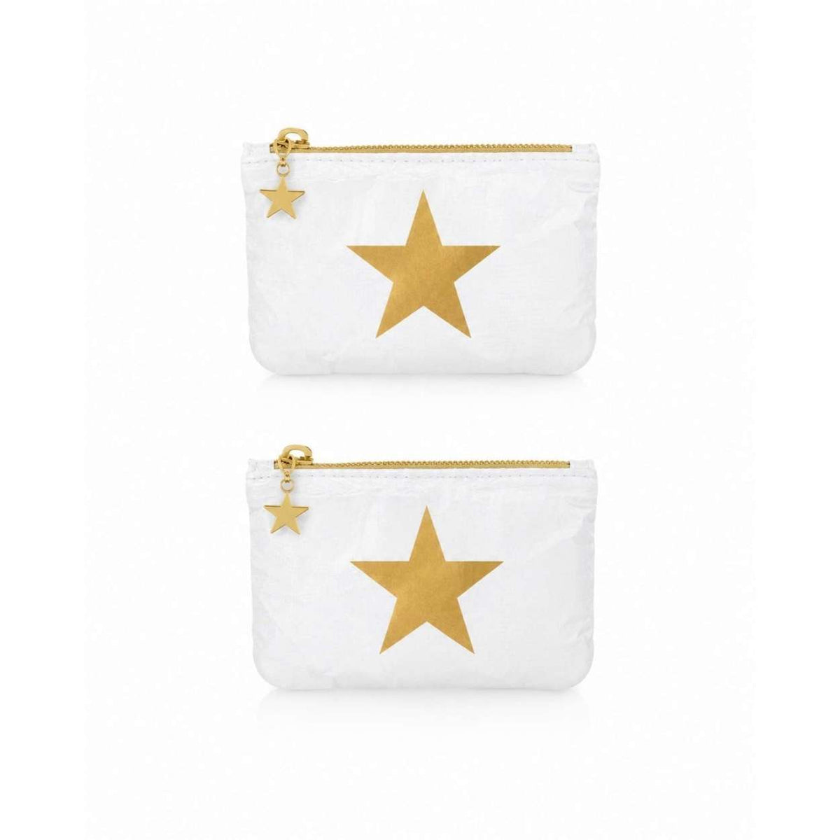 Two white zippered pouches with large gold star designs on the front, shown on a clean white background.