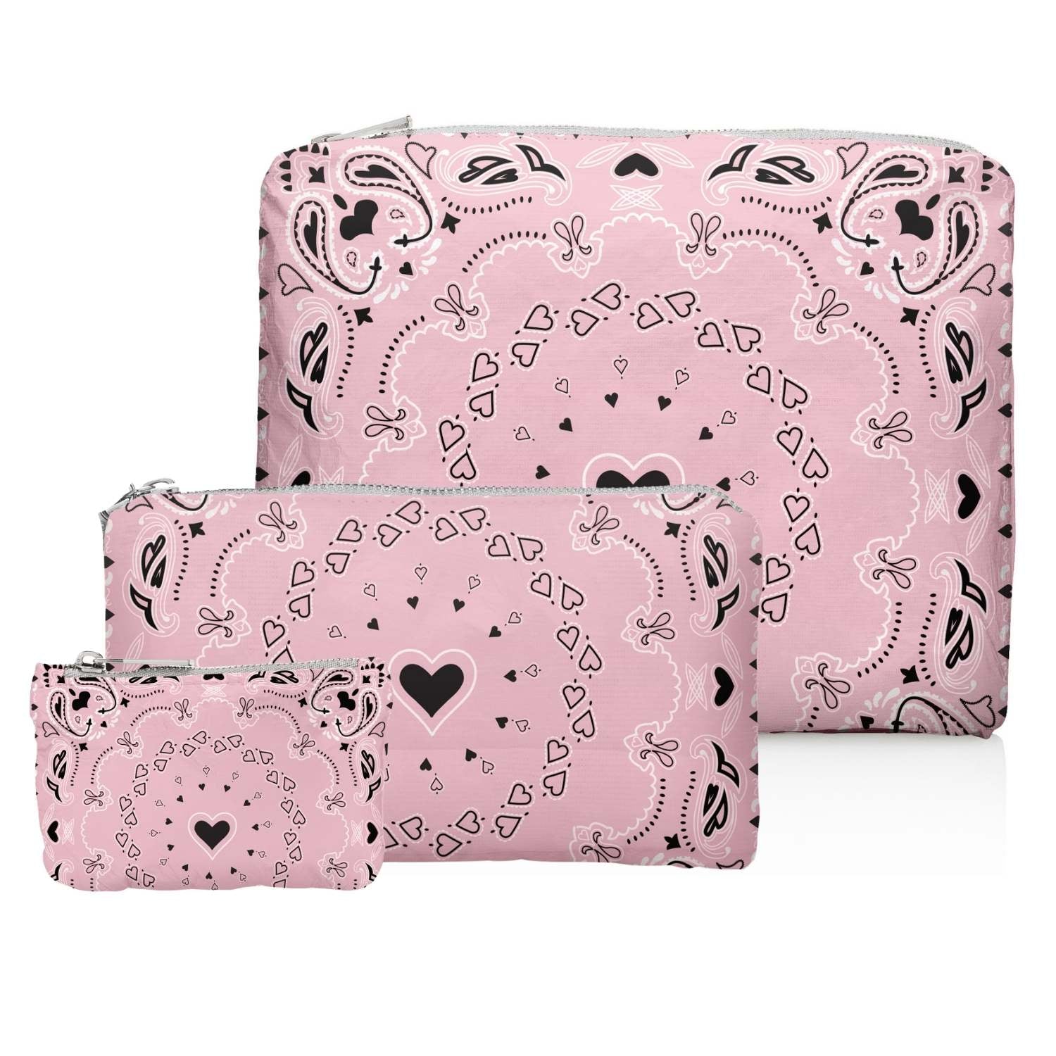 Three pink bandana print pouches with black heart on a white background
