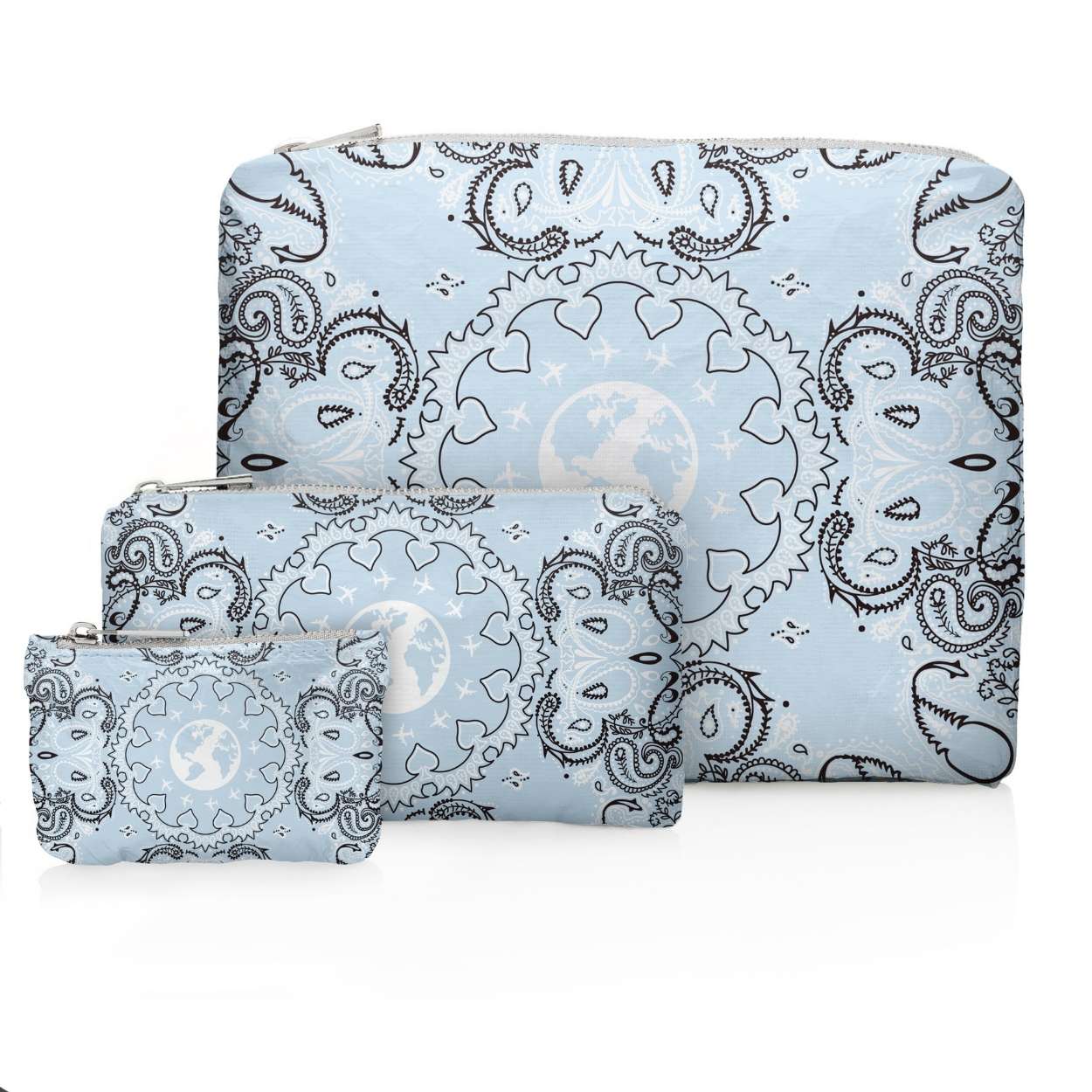 Set of three bags with a blue and white bandana pattern on a white background
