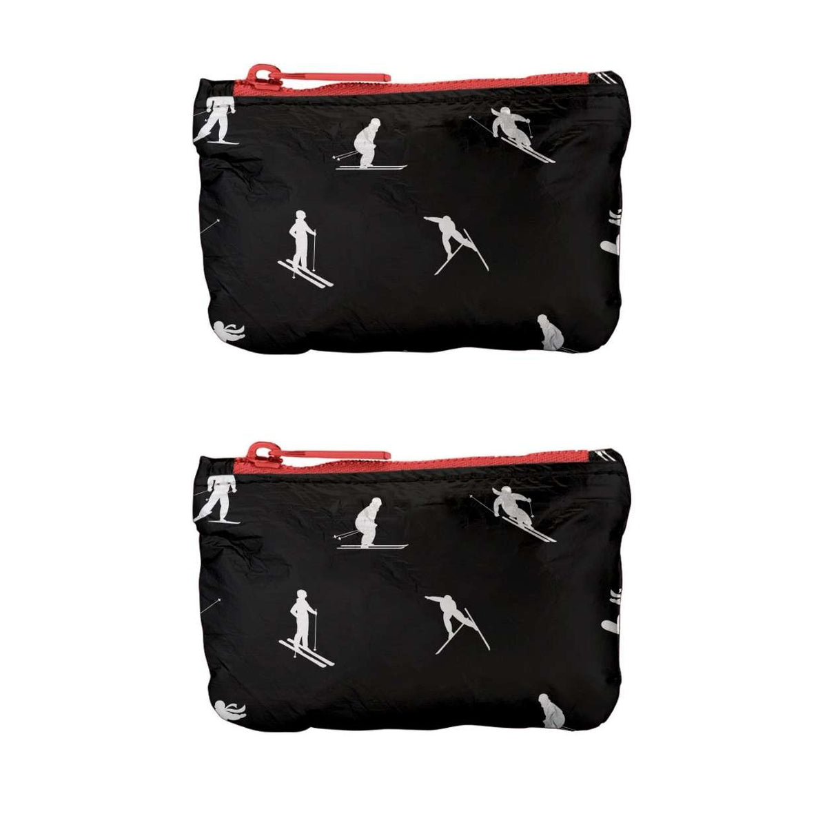 Two black zippered pouches with a white ski and snowboard silhouette pattern, featuring red zipper pulls, shown against a plain white background.