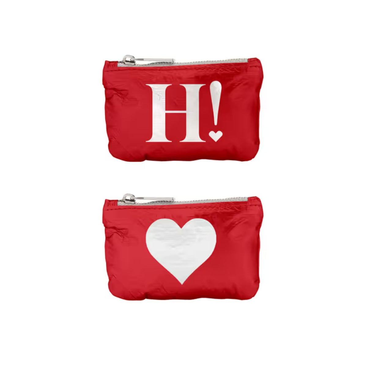 Set of two red card pouches. The top pouch has a large white letter H and an exclamation mark, while the bottom pouch has a large white heart.