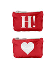 Set of two red card pouches. The top pouch has a large white letter H and an exclamation mark, while the bottom pouch has a large white heart.