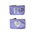 Two purple pouches with silver 'HI!' and heart designs on a white background