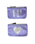 Two purple pouches with silver 'HI!' and heart designs on a white background