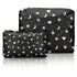 Two black pouches, one medium pouch and one mini pouch, with white star, moon and heart patterns on a white background 