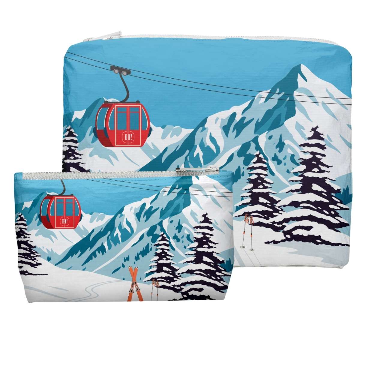 Two zipper pouches with an alpine snowy mountain scene and red gondola print on white background