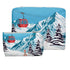 Two zipper pouches with an alpine snowy mountain scene and red gondola print on white background