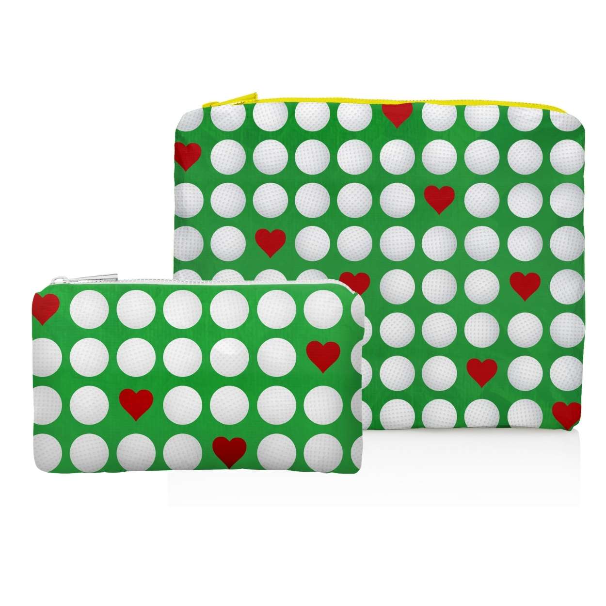 Two green pouches with white golf balls and red hearts on a white background
